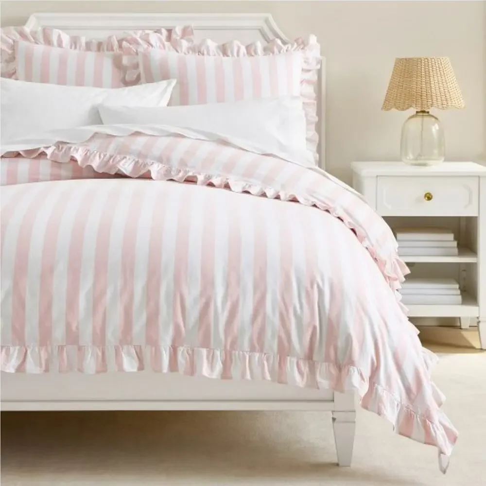Pottery Barn Cabana Stripe Ruffle Pink White Cotton Twin Duvet Cottage Shabby